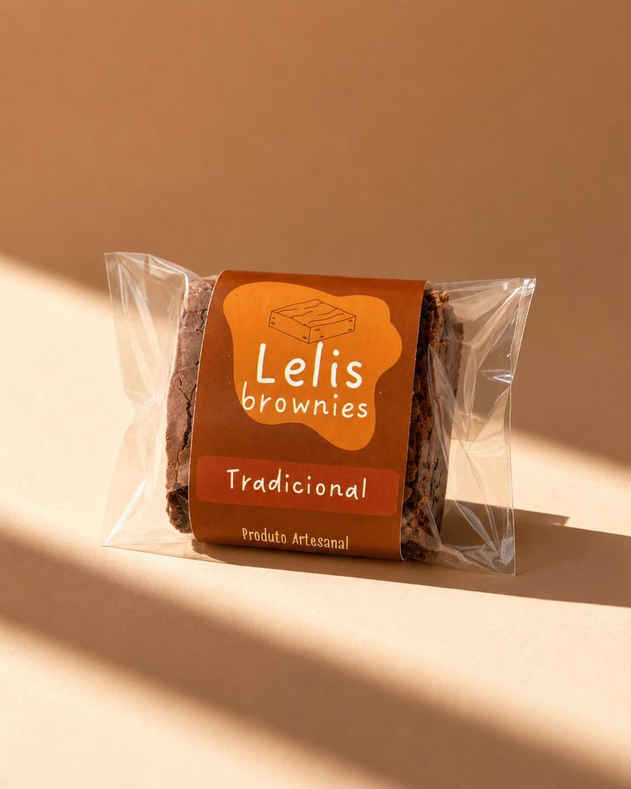 Brownie tradicional da Lelis Brownies embalado, com etiqueta da marca